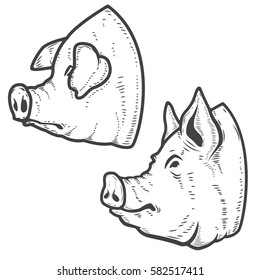 Set of pig heads isolated on white background. Pork meat. Design element for logo, label, emblem, sign, poster. Vector illustration.