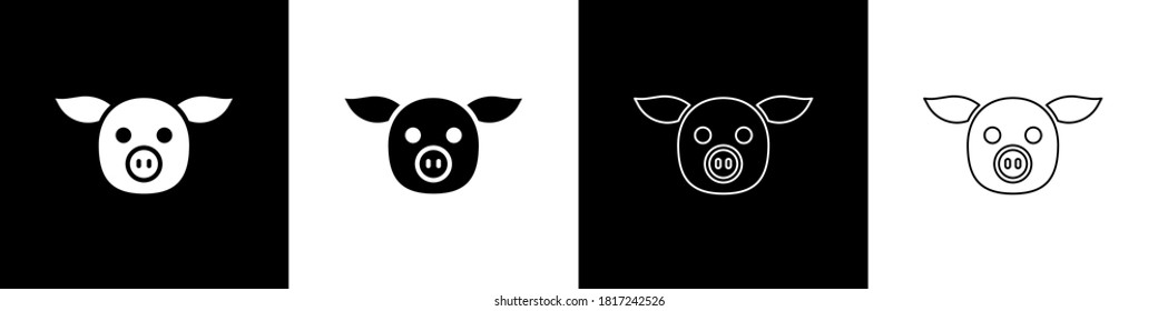 Set of Pig icons isolated on black and white background. Animal symbol.  Vector