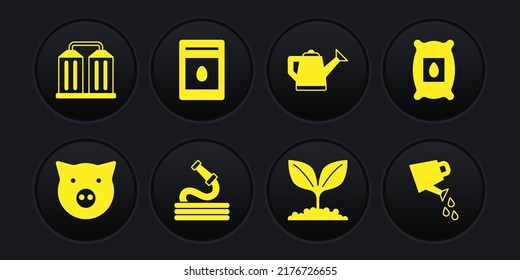 Set Pig, Pack full of seeds of plant, Garden hose, Plant, Watering can,  and Granary icon. Vector