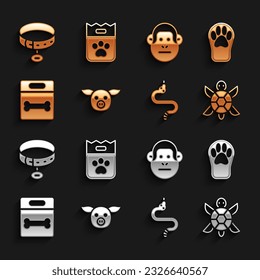 Set Pig, Paw print, Turtle, Snake, Dog bone, Monkey, Collar with name tag and Bag of food icon. Vector