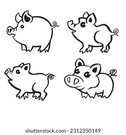 set of pig, piglet, line, vector illustration