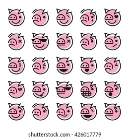 Set of pig smiley icons: different emotions