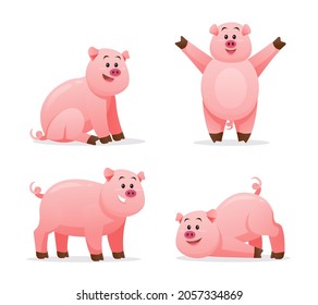 Set of pig in various poses cartoon illustration