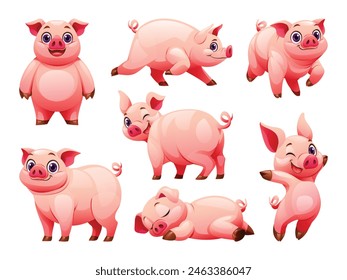 Set of pig in various poses. Vector cartoon illustration