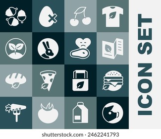 Set Pig, Vegan food diet, Vegetarian menu, Fresh berries, Rabbit, Sprout, Acorn and Steak meat icon. Vector