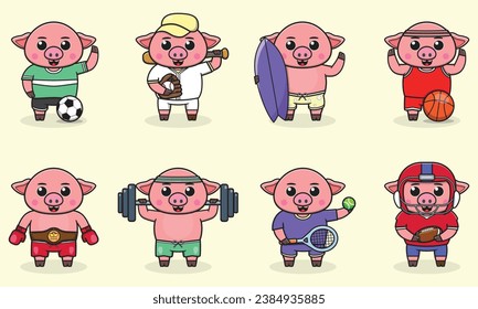 Satz Schweinefleisch mit Uniform und mit Sportgeräten. Hastige Tiere, die Sport treiben. Cute Cartoon-Zeichen, Vektorset einzeln auf weißem Hintergrund. Cartoon-Tiersport. Schweinekartoon. 