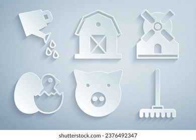 Set Schweinefleisch, Windmühle, Little Küken riss Ei, Gartenrake, Bauernhaus und Watering kann Ikone. Vektorgrafik