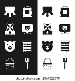 Set Pig, Windmill, Udder, Bag of flour, Hive for bees, Garden pitchfork and Basket icon. Vector