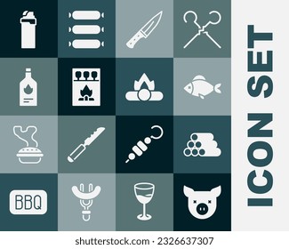 Set Pig, Wooden logs, Fish, Meat chopper, Matchbox and matches, Tabasco sauce, Lighter and Campfire icon. Vector