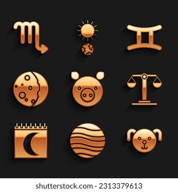 Set Pig zodiac, Planet Jupiter, Dog, Libra, Moon phases calendar, Eclipse of the sun, Gemini and Scorpio icon. Vector