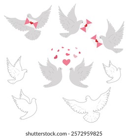 A set of pigeons. Lovebirds, a pigeon carries a valentine in its beak. Elements for the design.
