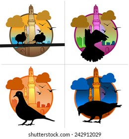 Set of pigeons silhouette, isolated 