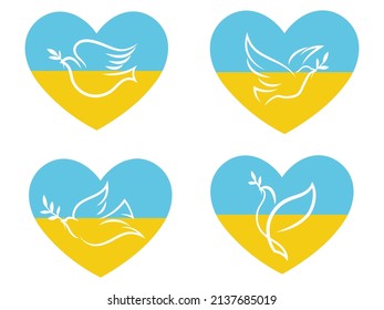 Set of pigeons with ukrainian flag. Collection of flying world doves with laurel branch on hearts. National ukrainian flag. A symbol of peace. Vector illustration of stylized birds.