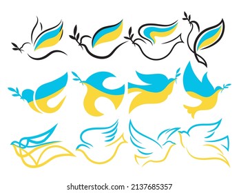 Set of pigeons with ukrainian flag. Collection of flying world doves with laurel branch. National ukrainian flag. A symbol of peace. No war. Vector illustration of stylized birds.