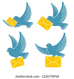 Set of pigeons which delivers mail. Blue dove flying with a yellow envelope. Vector illustration.