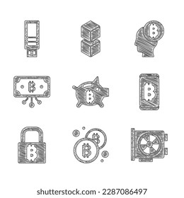 Indique el bitcoin del banco Piggy, el bitcoin, la tarjeta gráfica de vídeo, la minería desde el móvil, el bloqueo con, el circuito, el pensamiento y el icono de la unidad flash USB. Vector