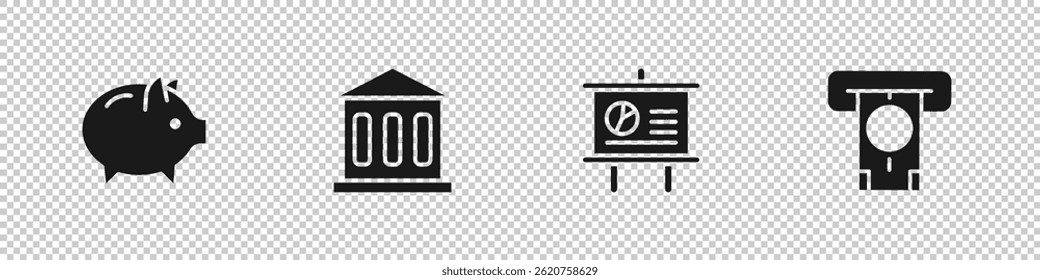 Set Piggy bank, Bank building, Chalkboard with diagram and ATM and money icon. Vector