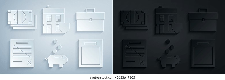 Set Piggy bank with coin, Briefcase, Delete file document, Empty form, House shield and Stacks paper money cash icon. Vector