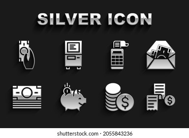Set Piggy bank with coin, Envelope dollar symbol, Paper or financial check, Coin money, Stacks paper cash, Cash register machine, Fast payments and ATM icon. Vector