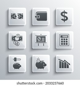 Set Piggy bank with coin, Financial growth decrease, Calculator, Chalkboard diagram, and hammer, Stacks paper money cash, Tearing banknote and Dollar symbol icon. Vector