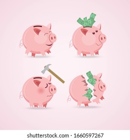 Set of piggy bank in different situations