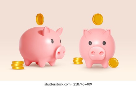Set of piggy bank and gold coins. Design concept of safe accumulation of capital or financial investment. Vector realistic. Gold coin fly around the piggy bank. Stability, security of money storage. - Shutterstock ID 2187457489