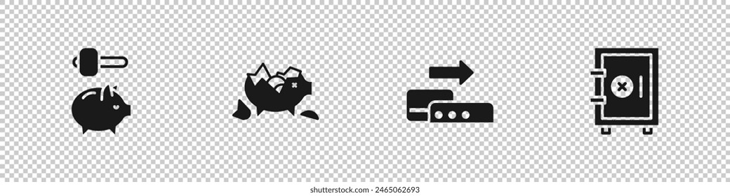 Set Piggy bank and hammer, Broken piggy, Pos terminal and Safe icon. Vector