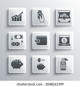 Set Piggy bank and hammer, Cash register machine, Laptop with dollar, Wallet, Money exchange, Financial growth increase and Treasure chest icon. Vector