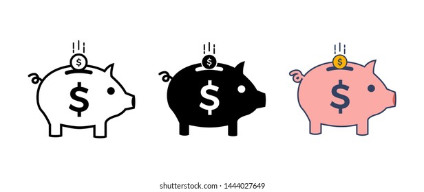 Set of piggy bank icon with coin dollar. Pig earning vector illustration. Isolated on white background