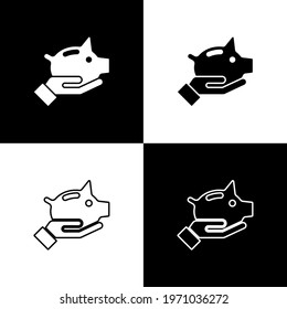 Set Piggy bank icon isolated on black and white background. Icon saving or accumulation of money, investment.  Vector
