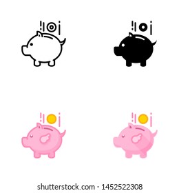 Set of piggy bank icon. Vector illustration of piggy bank outline, solid, colorline and flat icon design for web.