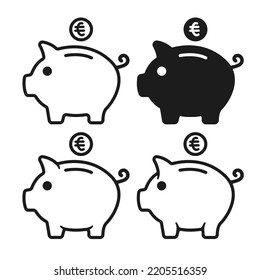 Set of Piggy bank icons with falling Euro coin. Vector illustration