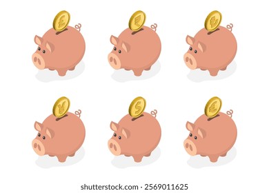 Set of piggy bank. Money box with different kind of money signs on coin. Dollar, euro, pound sterling, indian rupee, turkish lira, japanese yen. Isometric flat illustration on white background.