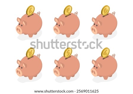 Set of piggy bank. Money box with different kind of money signs on coin. Dollar, euro, pound sterling, indian rupee, turkish lira, japanese yen. Isometric flat illustration on white background.