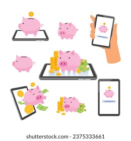 conjunto de dinero del banco piggy y teléfono inteligente, vector de ahorro en línea aislado 