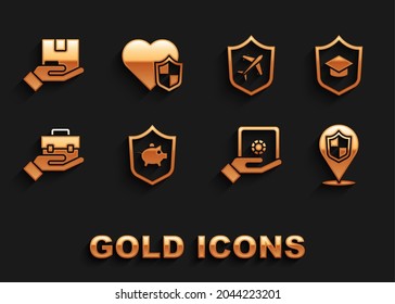 Set Piggy bank with shield, Graduation cap, Location, Safe in hand, Hand holding briefcase, Plane, Delivery insurance and Life icon. Vector