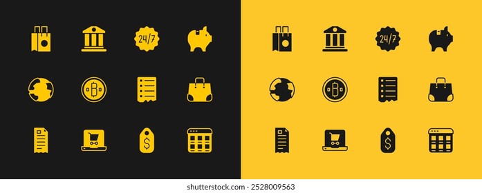 Set Piggy bank, Carrito de compras en pantalla portátil, lista, etiqueta de Precio con dólar, moneda de criptomoneda Bitcoin, reloj 24 horas, bolso de compras de papel e ícono de edificio bancario. Vector