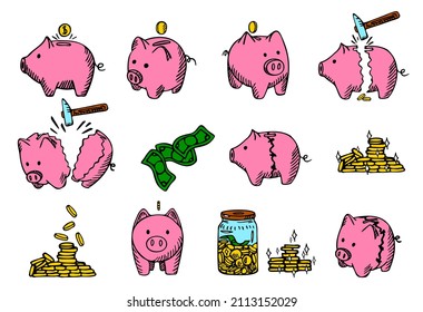 Set piggy banks in in doodle style in color. Kit for safe savings, different piggy banks, broken money box and glued, coins, cash. Design concept financial education and saving. Vector illustration.