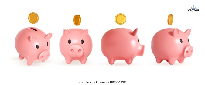 Set of piggy banks with gold coins. Symbol of profit and growth. Design object for advertising sale. Stability and security of money storage. Realistic vector illustration pink piggy bank collection.