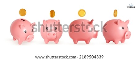 Set of piggy banks with gold coins. Symbol of profit and growth. Design object for advertising sale. Stability and security of money storage. Realistic vector illustration pink piggy bank collection.