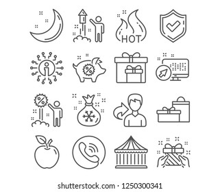 Set of Piggy sale, Santa sack and Gift icons. Carousels, Fireworks and Gifts signs. Discount, Hot sale and Delivery boxes symbols. Discounts, Gifts bag, Present. Vector