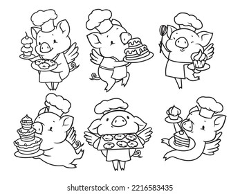 Set of pigs confectioners. Collection of chefs' skins with a cap and desserts. Creamy dessert. Sweet pastry. Vector illustration on white background.