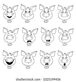 Set of pig's emotions. Facial expression. Vector illustration of cartoon style