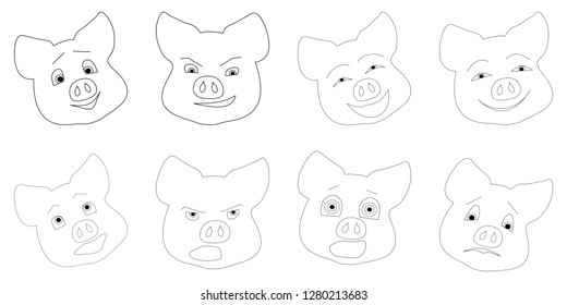 A set of pigs with emotions. Piglets with emotional expression. Vector. Template for design.