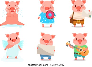 Set of pigs expressing positive and negative emotions vector illustration