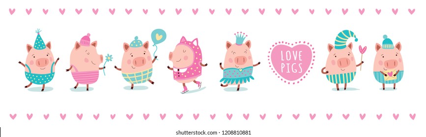 Set of pigs in love. Cute pigs for Valentine's Day.
