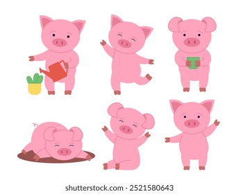 Set of pigs. Piggy watering plants, lying in soil. Livestock and cattle, mammal. Stickers for social networks and messengers. Flat vector collection isolated on white background