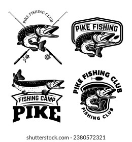 Set of pike fishing emblems in monochrome style. Pike fish logo, label, sign, poster, badge.