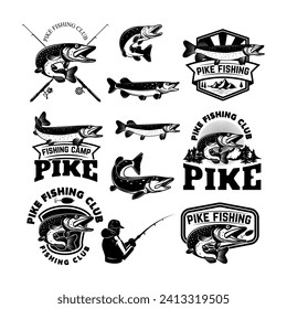 Set of pike fishing emblems in monochrome style. Pike fish logo, label, sign, poster, badge.