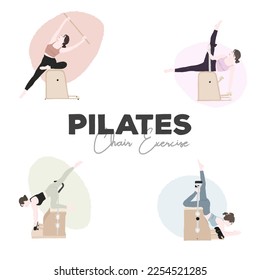 A set of pilates chair exercise pose - women doing pilates on the equipment
